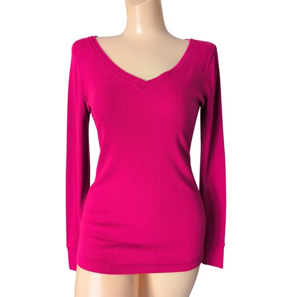 Pink Ribbed V-Neck Long Sleeve Fitted Knit Top Women Small Y2K Preppy Coquette - Picture 1 of 3